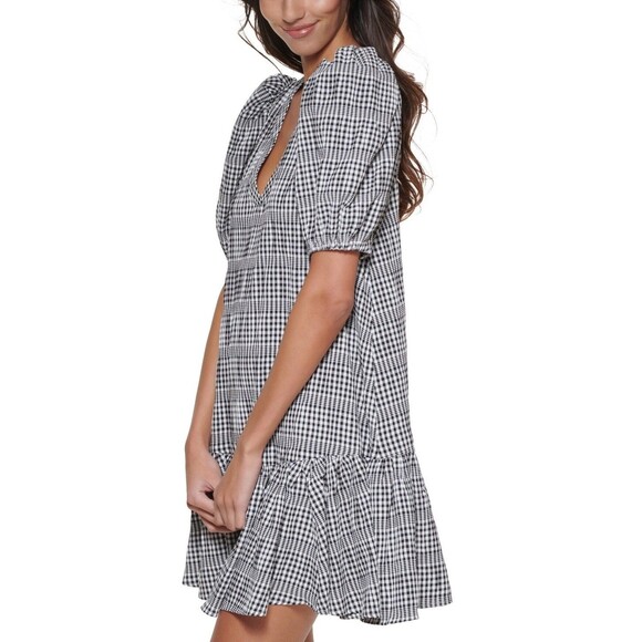 Calvin Klein Gingham Print Gauze Dress with Puff Sleeve Dress, Black/White, 6 - Picture 3 of 4